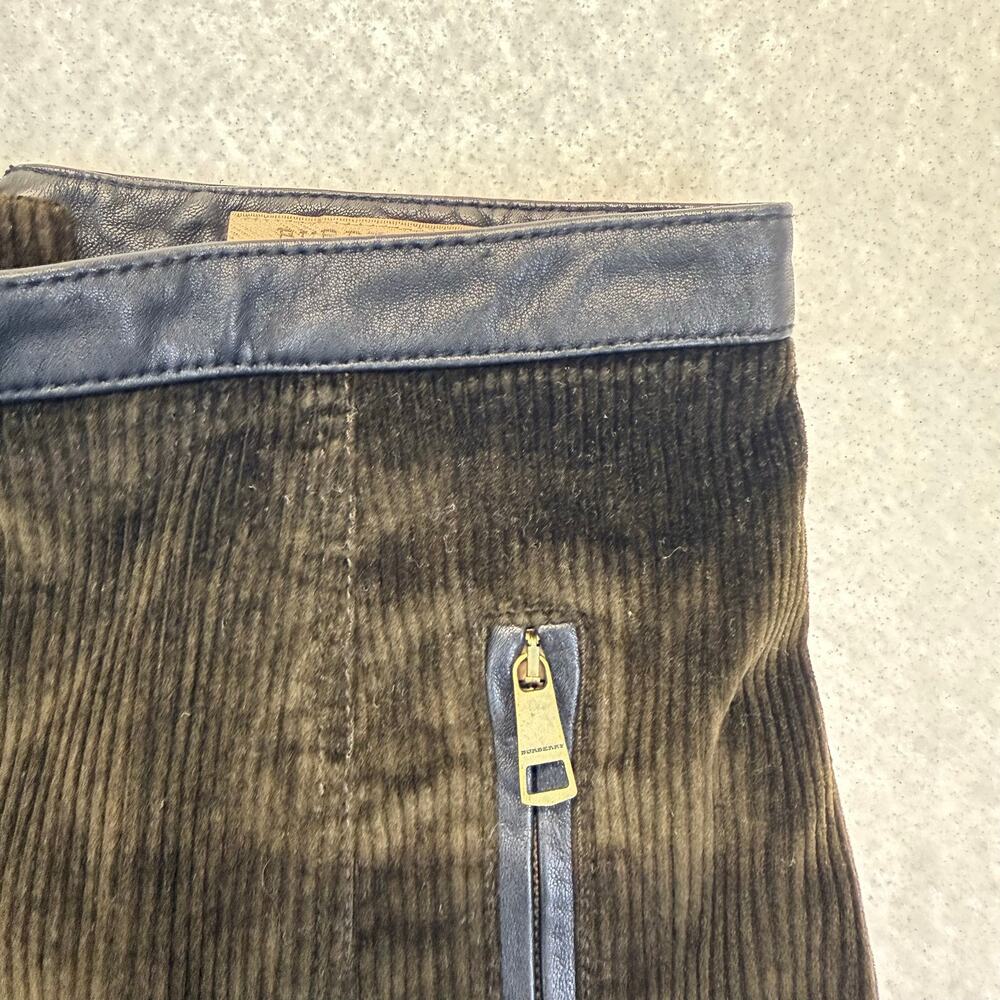 Burberry Brit Corduroy Pencil Skirt Size 2 Olive Green Leather Trim Zip Pockets - Picture 6 of 11